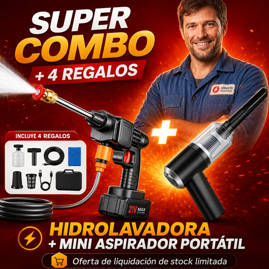 COMBO POWER CLEAN: HIDROLAVADORA + ASPIRADORA PORTÁTIL (DOBLE BATERÍA + MALETÍN)