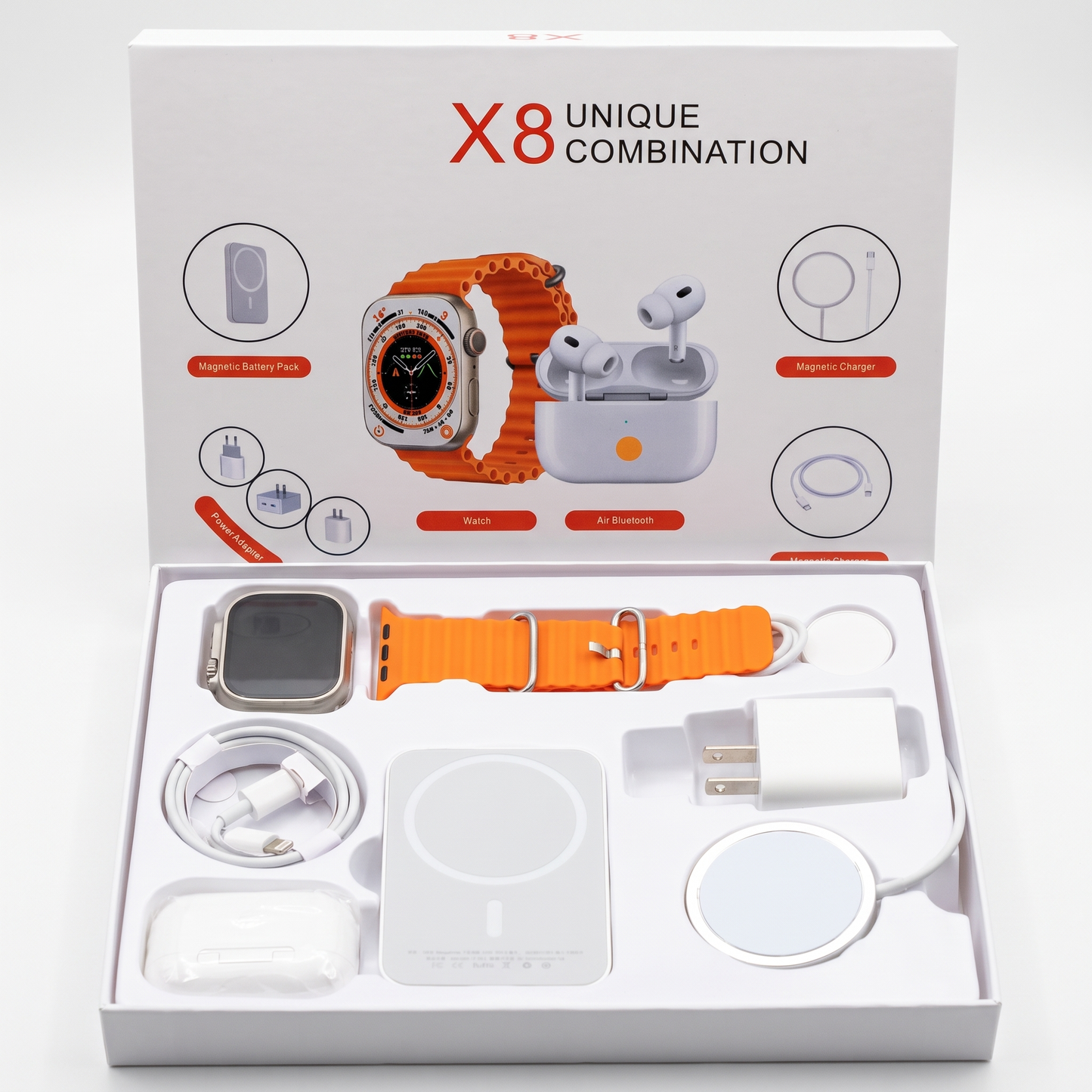 Kit X8 Unique Combination completo: smartwatch, audifonos, power bank magnetico y accesorios en su caja